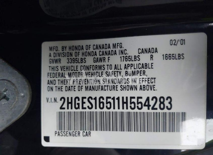 Photo 9 of 2001 Honda Civic LX (VIN 2HGES16511H554283)