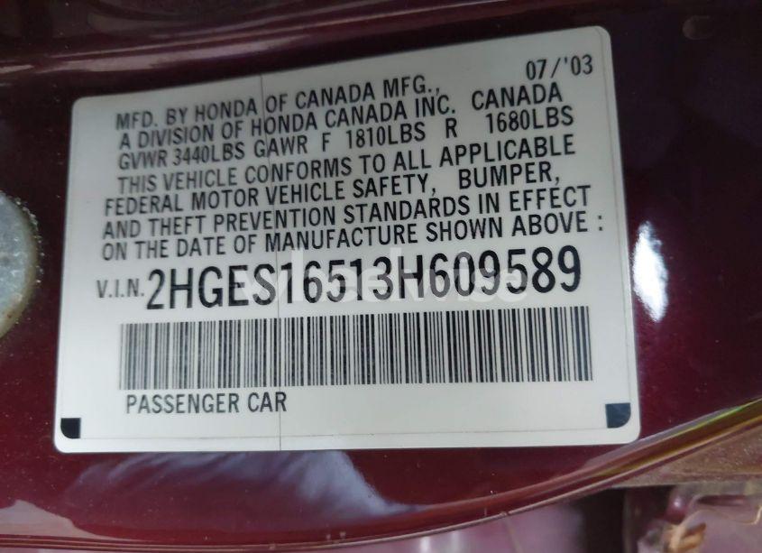 Photo 9 of 2003 Honda Civic LX (VIN 2HGES16513H609589)