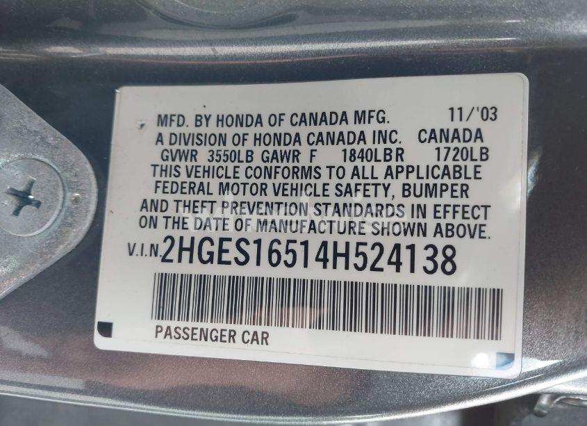 Photo 9 of 2004 Honda Civic LX (VIN 2HGES16514H524138)