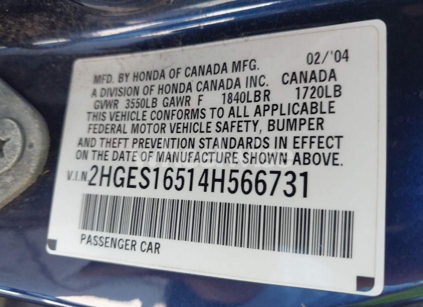 Photo 9 of 2004 Honda Civic LX (VIN 2HGES16514H566731)