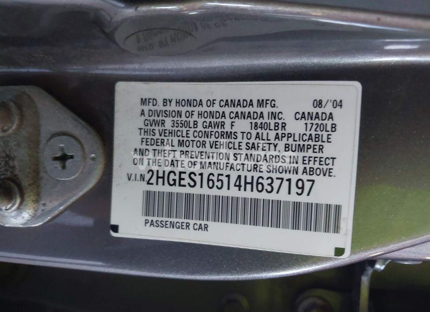 Photo 9 of 2004 Honda Civic LX (VIN 2HGES16514H637197)