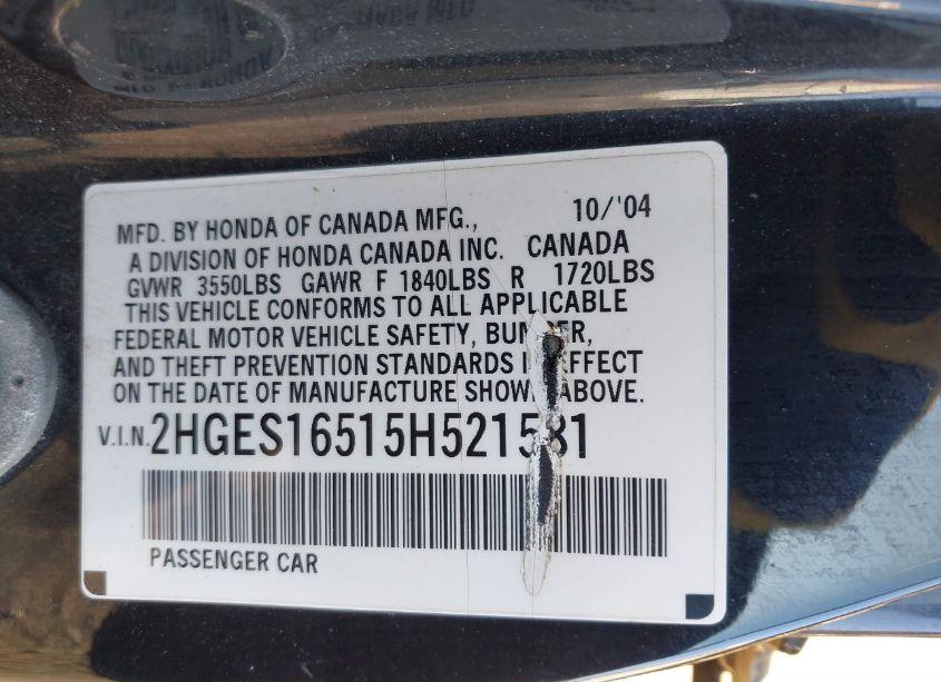 Photo 9 of 2005 Honda Civic LX (VIN 2HGES16515H521581)