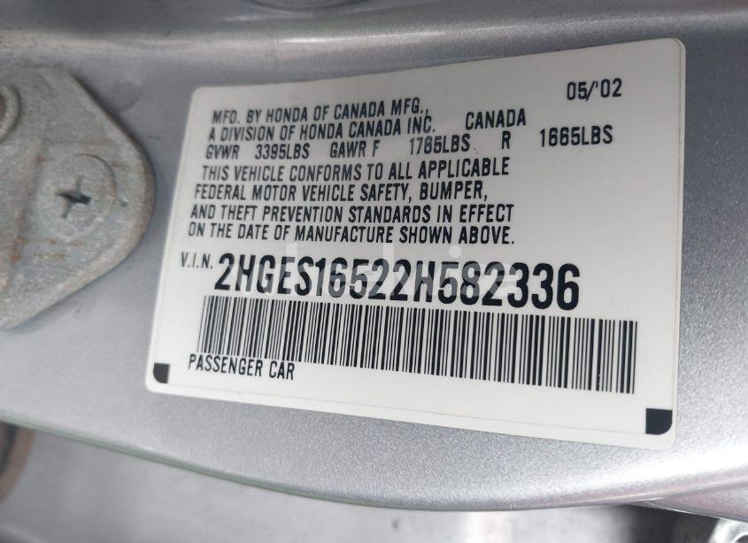 Photo 9 of 2002 Honda Civic LX (VIN 2HGES16522H582336)