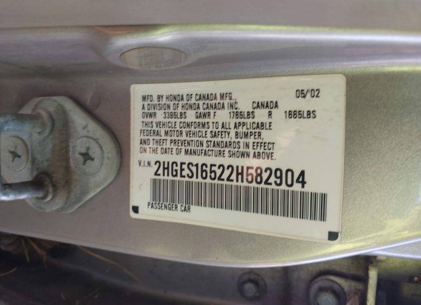 Photo 9 of 2002 Honda Civic LX (VIN 2HGES16522H582904)