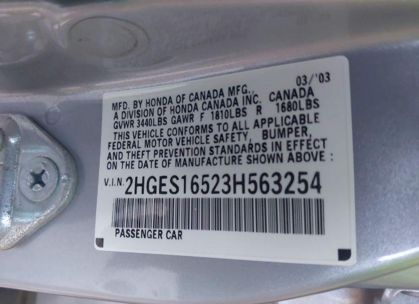 Photo 9 of 2003 Honda Civic LX (VIN 2HGES16523H563254)