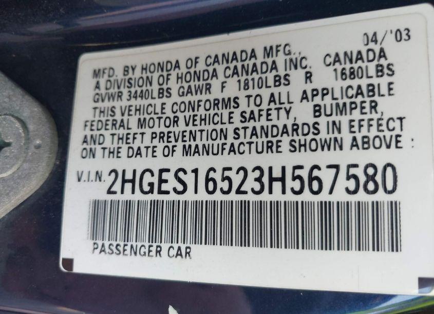 Photo 9 of 2003 Honda Civic LX (VIN 2HGES16523H567580)