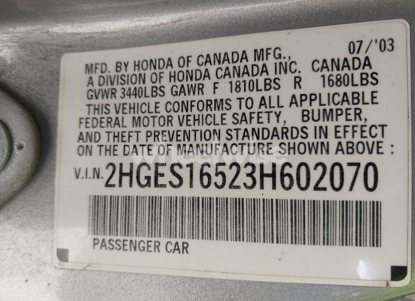 Photo 9 of 2003 Honda Civic LX (VIN 2HGES16523H602070)