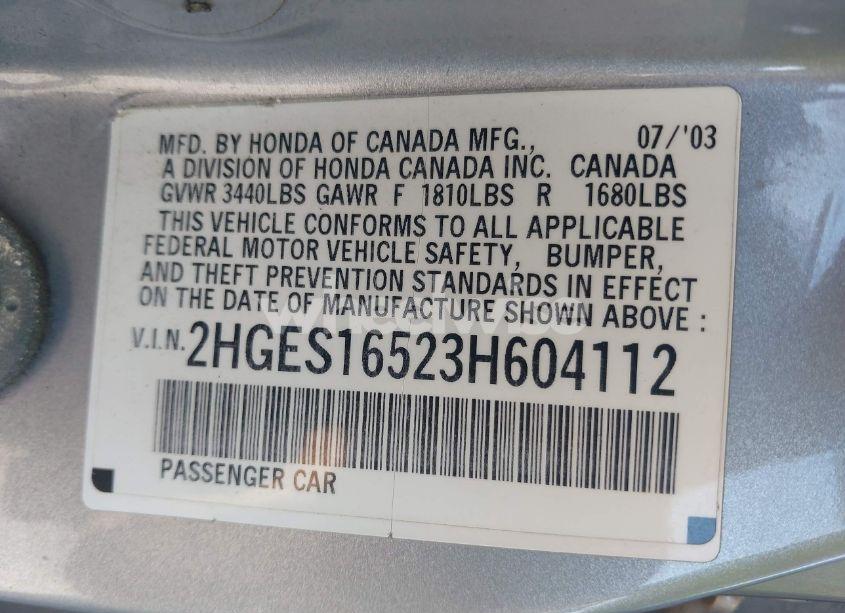 Photo 9 of 2003 Honda Civic LX (VIN 2HGES16523H604112)