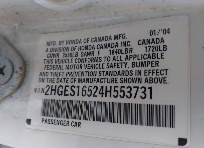 Photo 9 of 2004 Honda Civic LX (VIN 2HGES16524H553731)