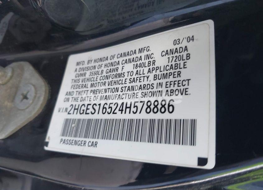 Photo 9 of 2004 Honda Civic LX (VIN 2HGES16524H578886)
