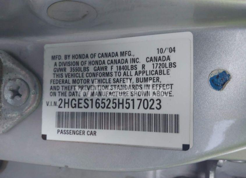 Photo 9 of 2005 Honda Civic LX (VIN 2HGES16525H517023)