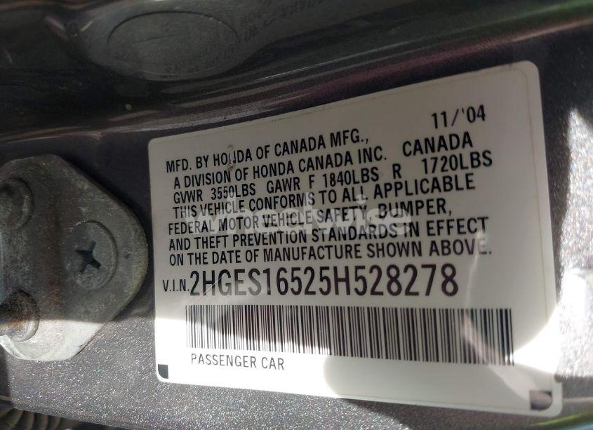 Photo 9 of 2005 Honda Civic LX (VIN 2HGES16525H528278)