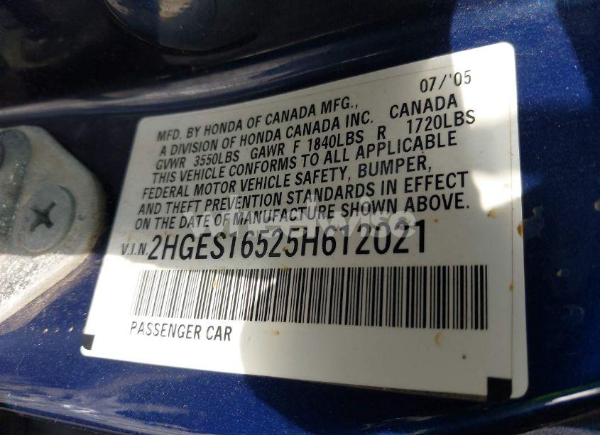 Photo 9 of 2005 Honda Civic LX (VIN 2HGES16525H612021)