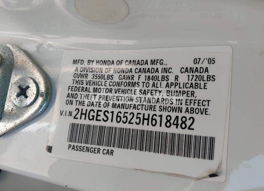 Photo 9 of 2005 Honda Civic LX (VIN 2HGES16525H618482)