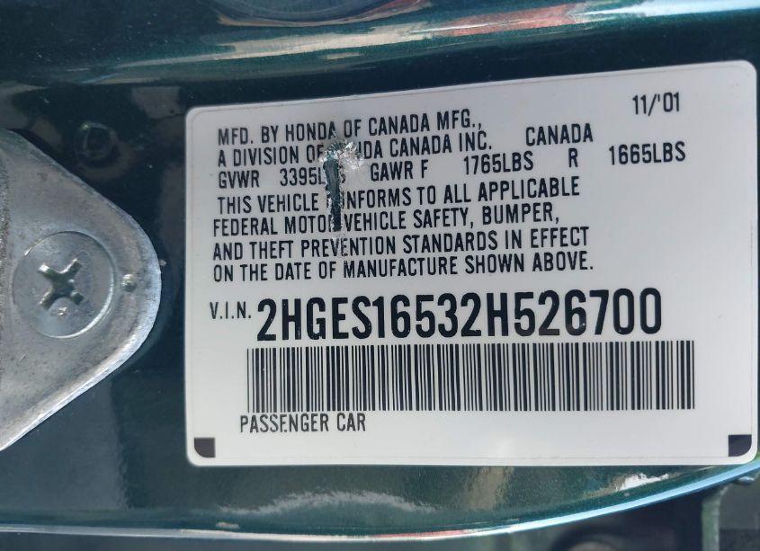 Photo 9 of 2002 Honda Civic LX (VIN 2HGES16532H526700)