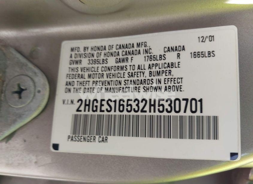 Photo 9 of 2002 Honda Civic LX (VIN 2HGES16532H530701)