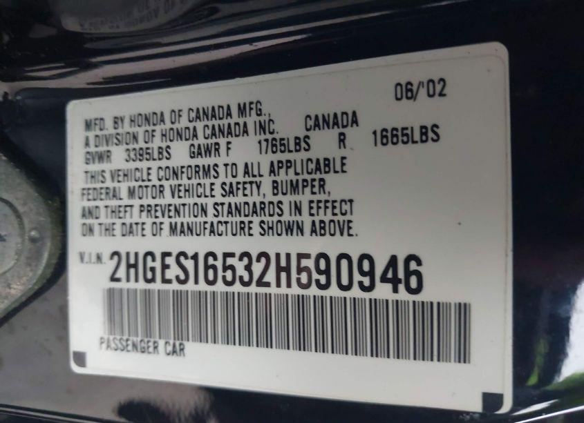 Photo 9 of 2002 Honda Civic LX (VIN 2HGES16532H590946)
