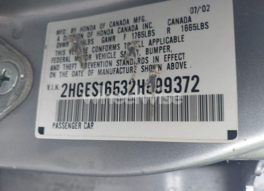 Photo 9 of 2002 Honda Civic LX (VIN 2HGES16532H599372)