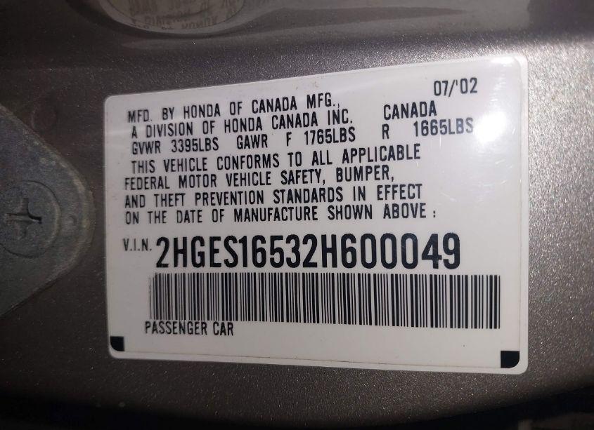 Photo 9 of 2002 Honda Civic LX (VIN 2HGES16532H600049)