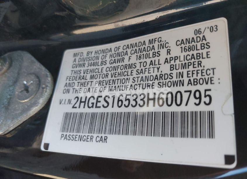 Photo 9 of 2003 Honda Civic LX (VIN 2HGES16533H600795)