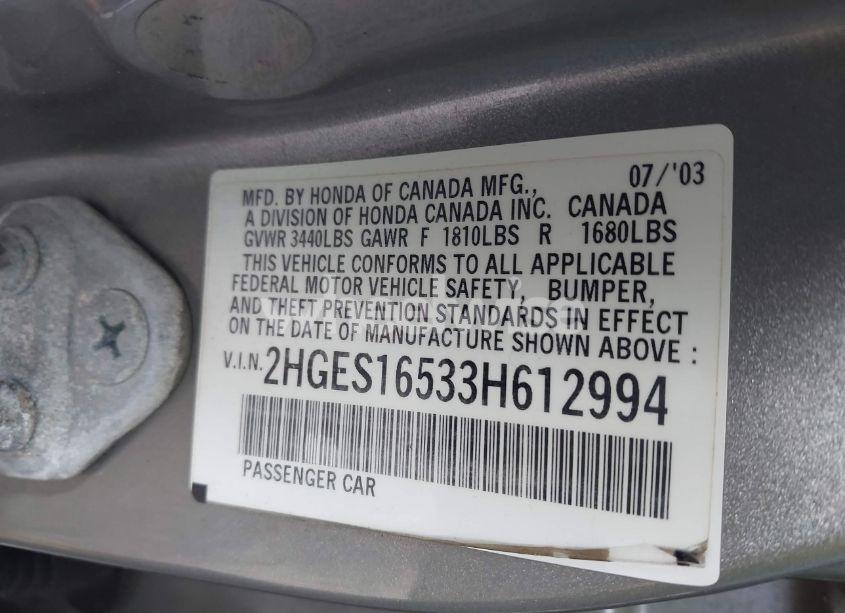 Photo 9 of 2003 Honda Civic LX (VIN 2HGES16533H612994)