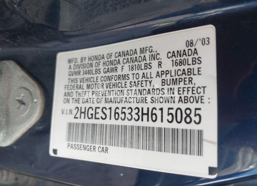 Photo 9 of 2003 Honda Civic LX (VIN 2HGES16533H615085)