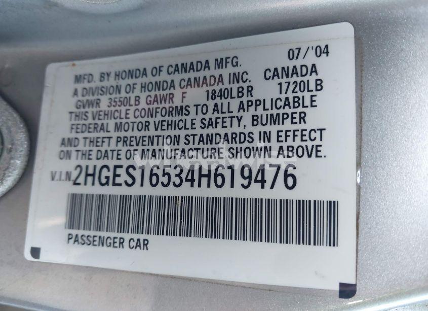 Photo 9 of 2004 Honda Civic LX (VIN 2HGES16534H619476)