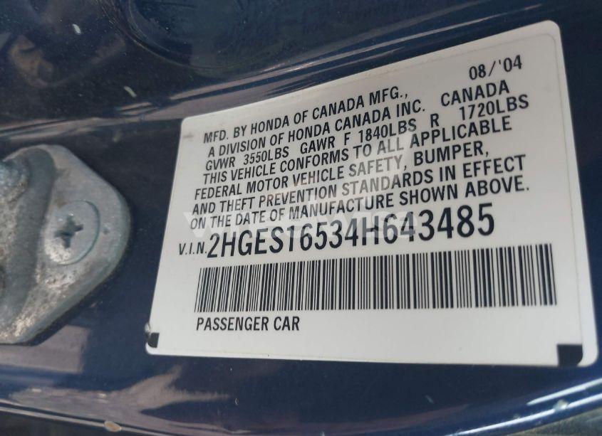 Photo 9 of 2004 Honda Civic LX (VIN 2HGES16534H643485)