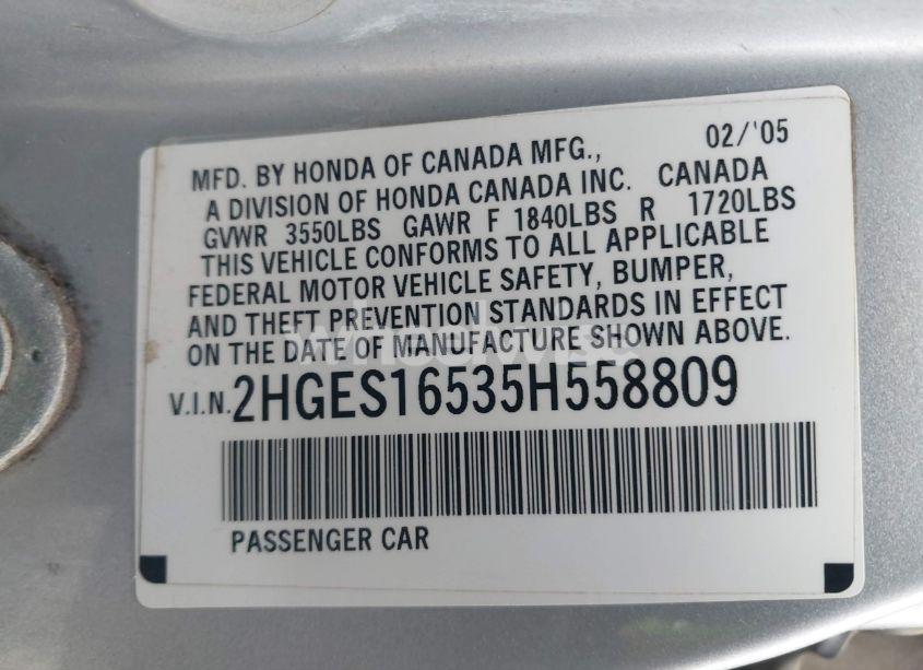 Photo 9 of 2005 Honda Civic LX (VIN 2HGES16535H558809)
