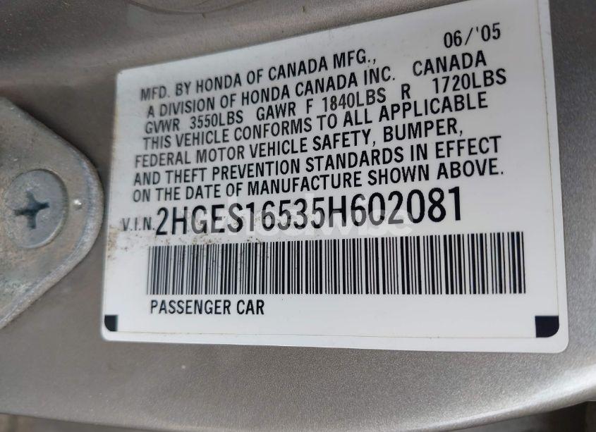 Photo 9 of 2005 Honda Civic LX (VIN 2HGES16535H602081)