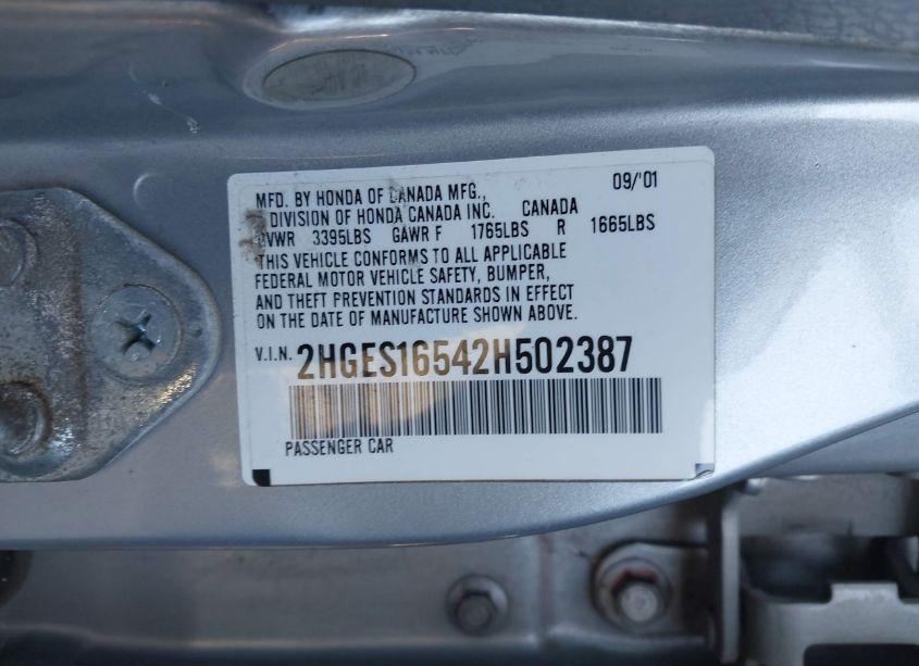 Photo 9 of 2002 Honda Civic LX (VIN 2HGES16542H502387)