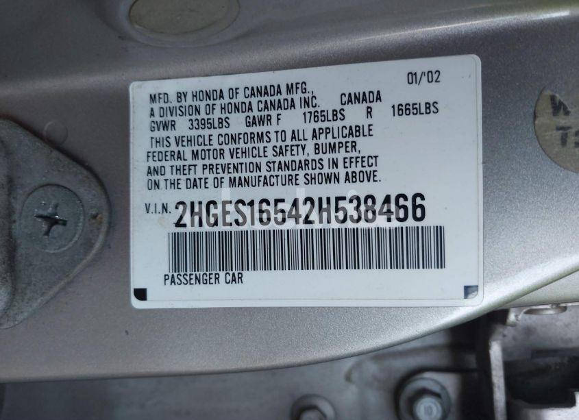 Photo 9 of 2002 Honda Civic LX (VIN 2HGES16542H538466)