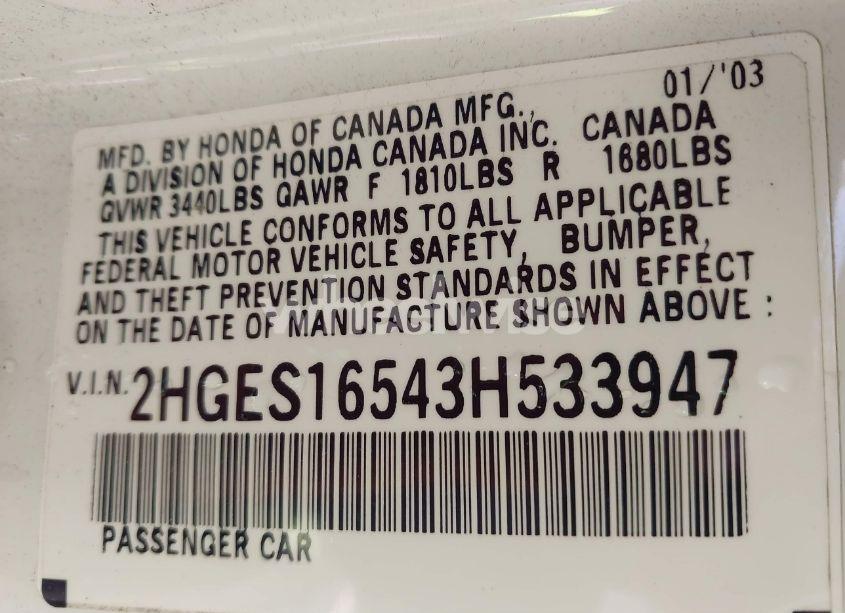 Photo 9 of 2003 Honda Civic LX (VIN 2HGES16543H533947)
