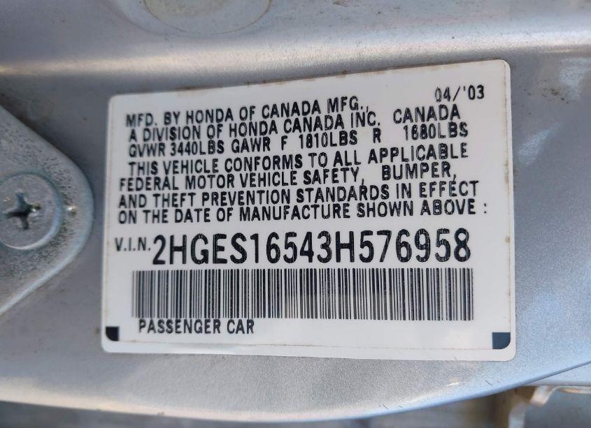 Photo 9 of 2003 Honda Civic LX (VIN 2HGES16543H576958)