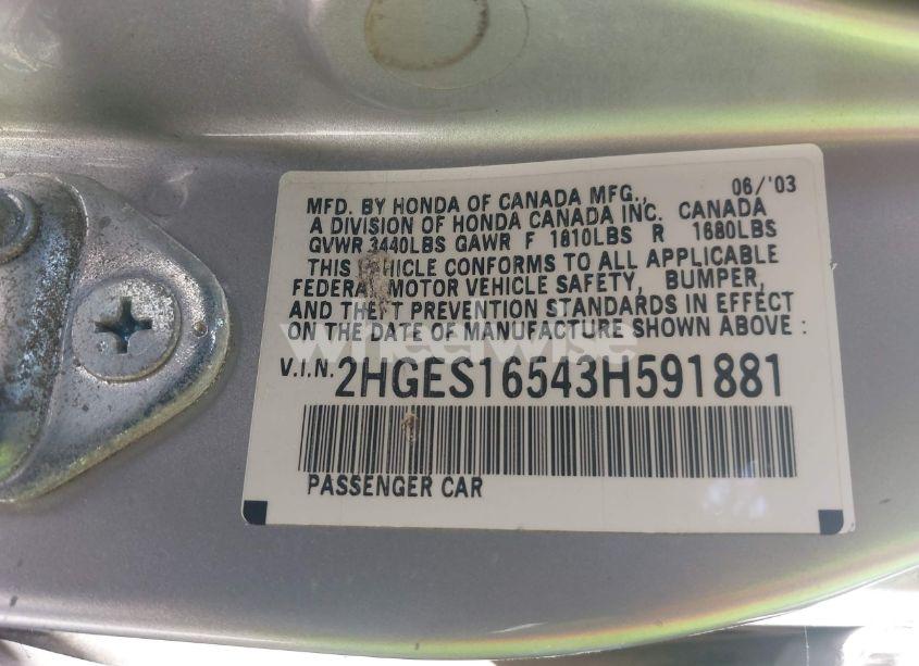 Photo 9 of 2003 Honda Civic LX (VIN 2HGES16543H591881)