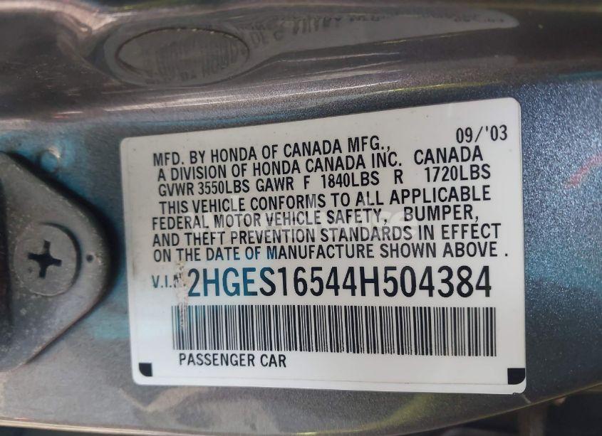 Photo 9 of 2004 Honda Civic LX (VIN 2HGES16544H504384)