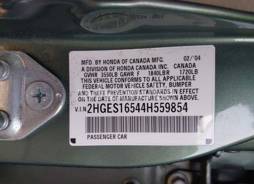 Photo 9 of 2004 Honda Civic LX (VIN 2HGES16544H559854)