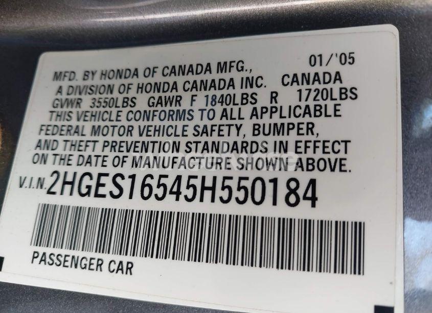 Photo 9 of 2005 Honda Civic LX (VIN 2HGES16545H550184)