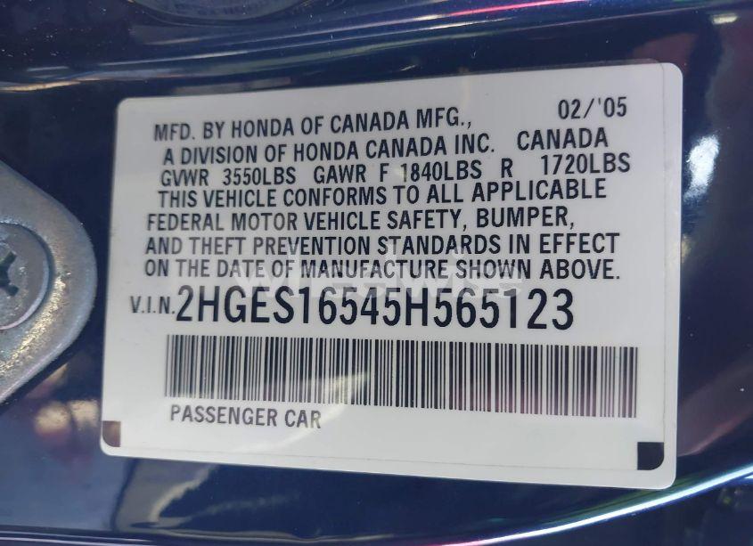 Photo 9 of 2005 Honda Civic LX (VIN 2HGES16545H565123)