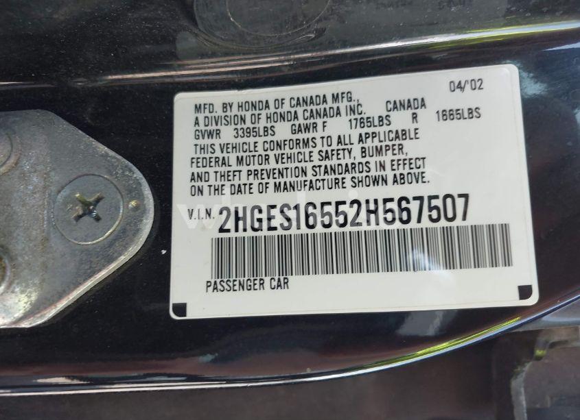 Photo 9 of 2002 Honda Civic LX (VIN 2HGES16552H567507)