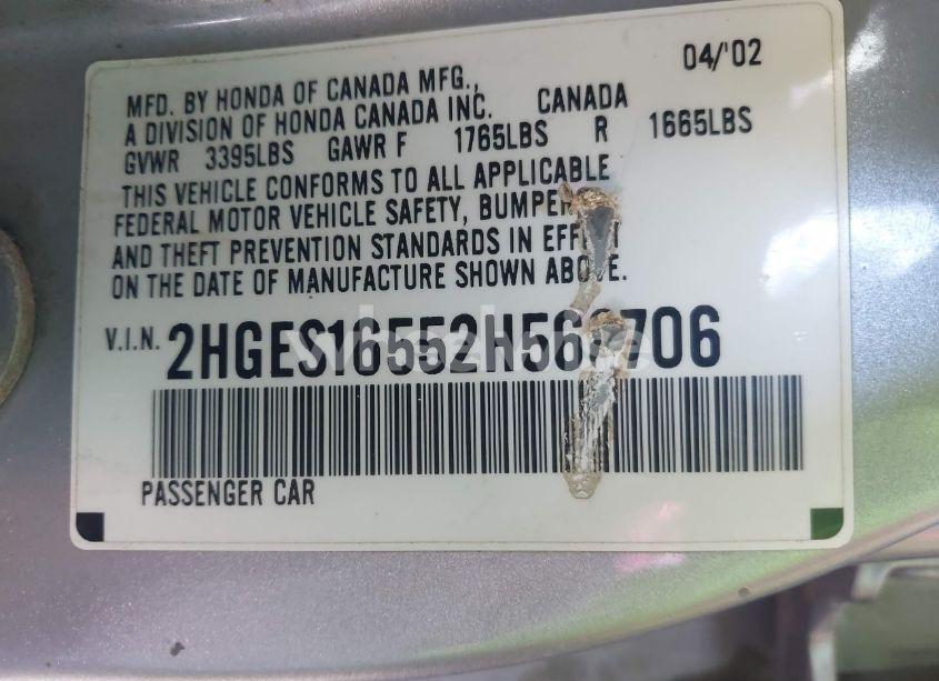 Photo 9 of 2002 Honda Civic LX (VIN 2HGES16552H568706)