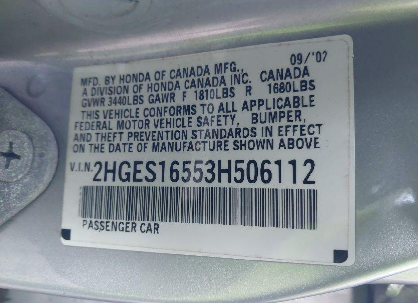 Photo 9 of 2003 Honda Civic LX (VIN 2HGES16553H506112)