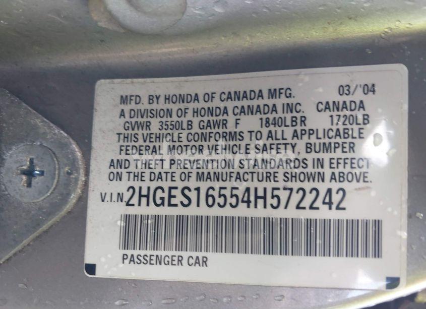 Photo 9 of 2004 Honda Civic LX (VIN 2HGES16554H572242)