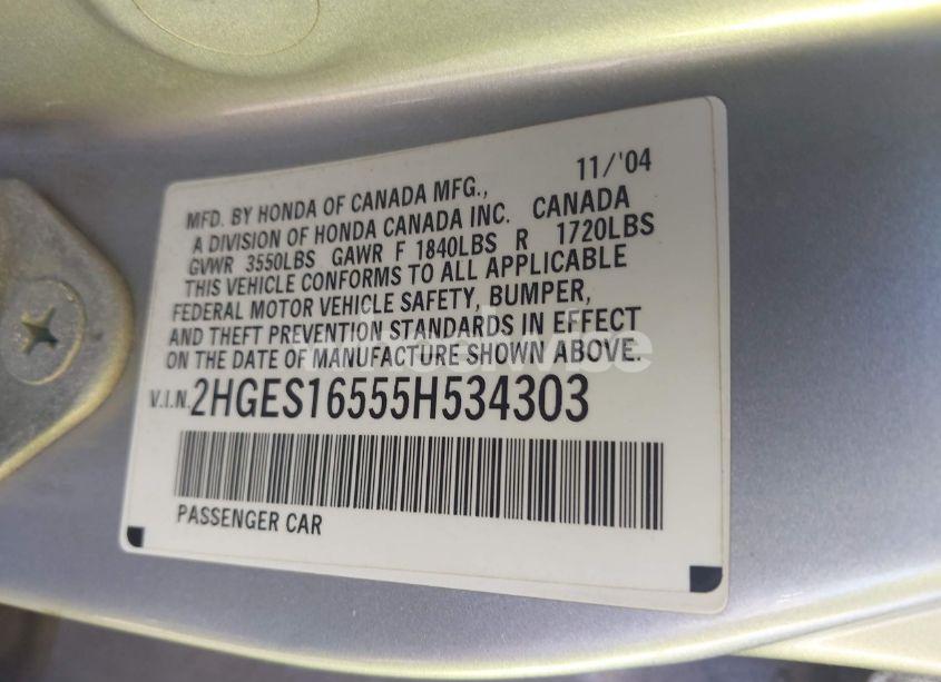 Photo 9 of 2005 Honda Civic LX (VIN 2HGES16555H534303)