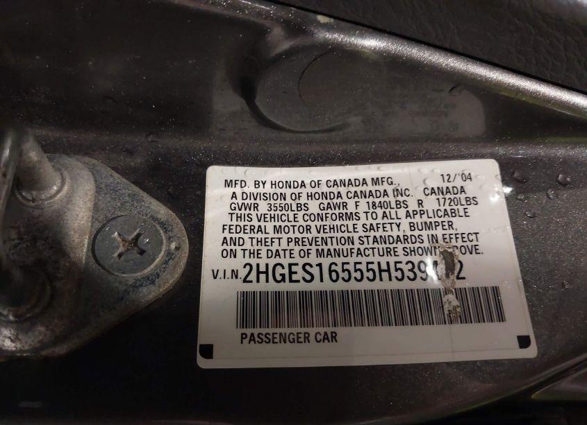 Photo 9 of 2005 Honda Civic LX (VIN 2HGES16555H539422)