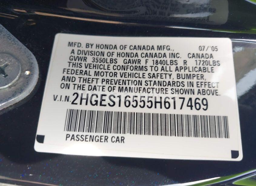 Photo 9 of 2005 Honda Civic LX (VIN 2HGES16555H617469)