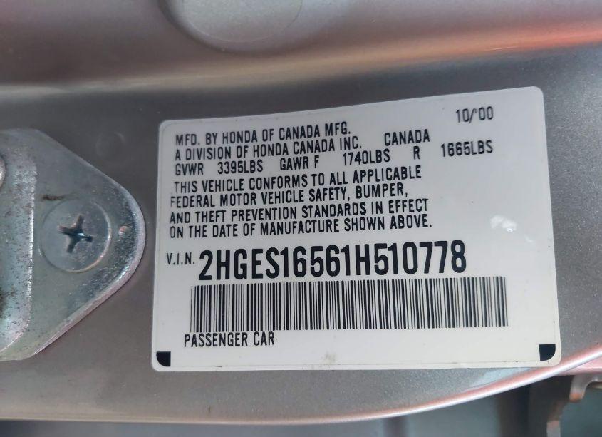 Photo 9 of 2001 Honda Civic LX (VIN 2HGES16561H510778)