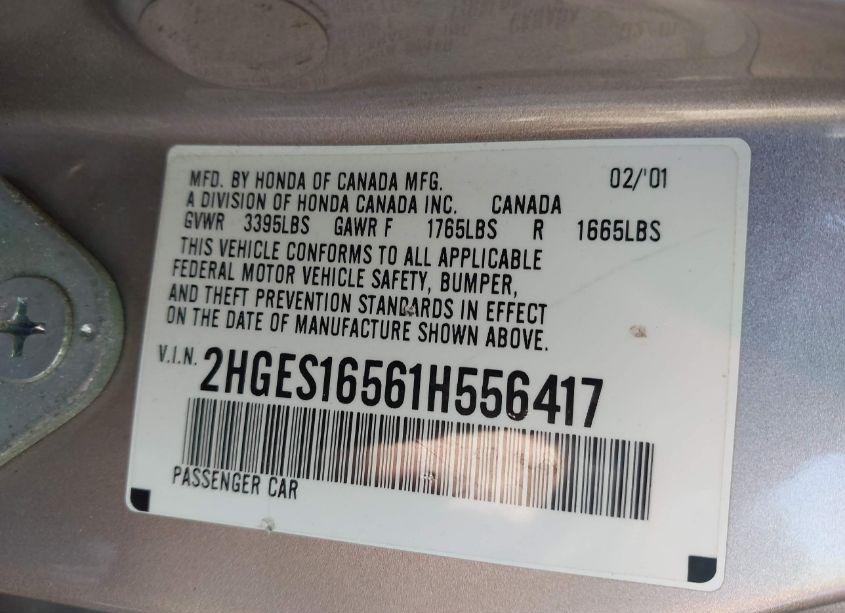 Photo 9 of 2001 Honda Civic LX (VIN 2HGES16561H556417)