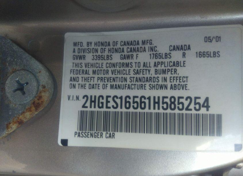 Photo 9 of 2001 Honda Civic LX (VIN 2HGES16561H585254)