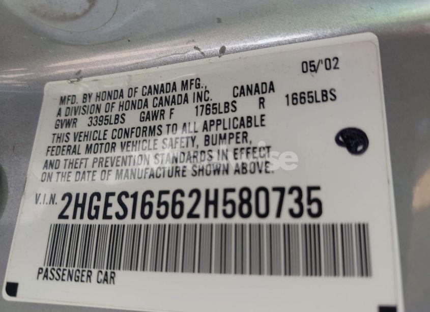 Photo 9 of 2002 Honda Civic LX (VIN 2HGES16562H580735)